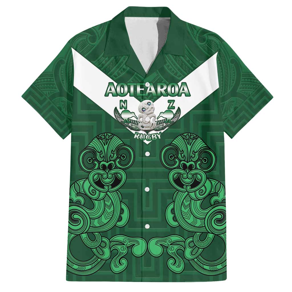Custom Aotearoa Rugby Family Matching Summer Maxi Dress and Hawaiian Shirt New Zealand Maori Kete Poutama Pattern LT14 Dad's Shirt - Short Sleeve Green - Polynesian Pride