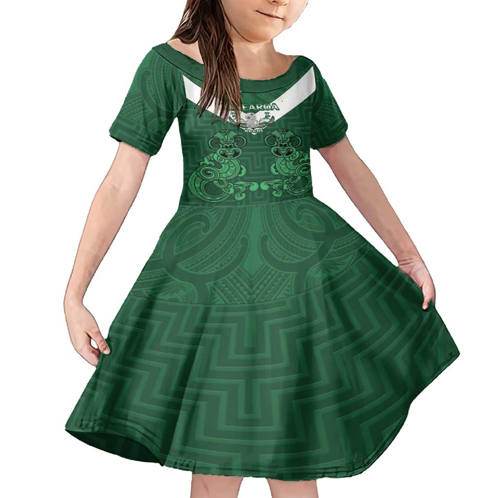 Custom Aotearoa Rugby Family Matching Tank Maxi Dress and Hawaiian Shirt New Zealand Maori Kete Poutama Pattern LT14 Daughter's Dress Green - Polynesian Pride