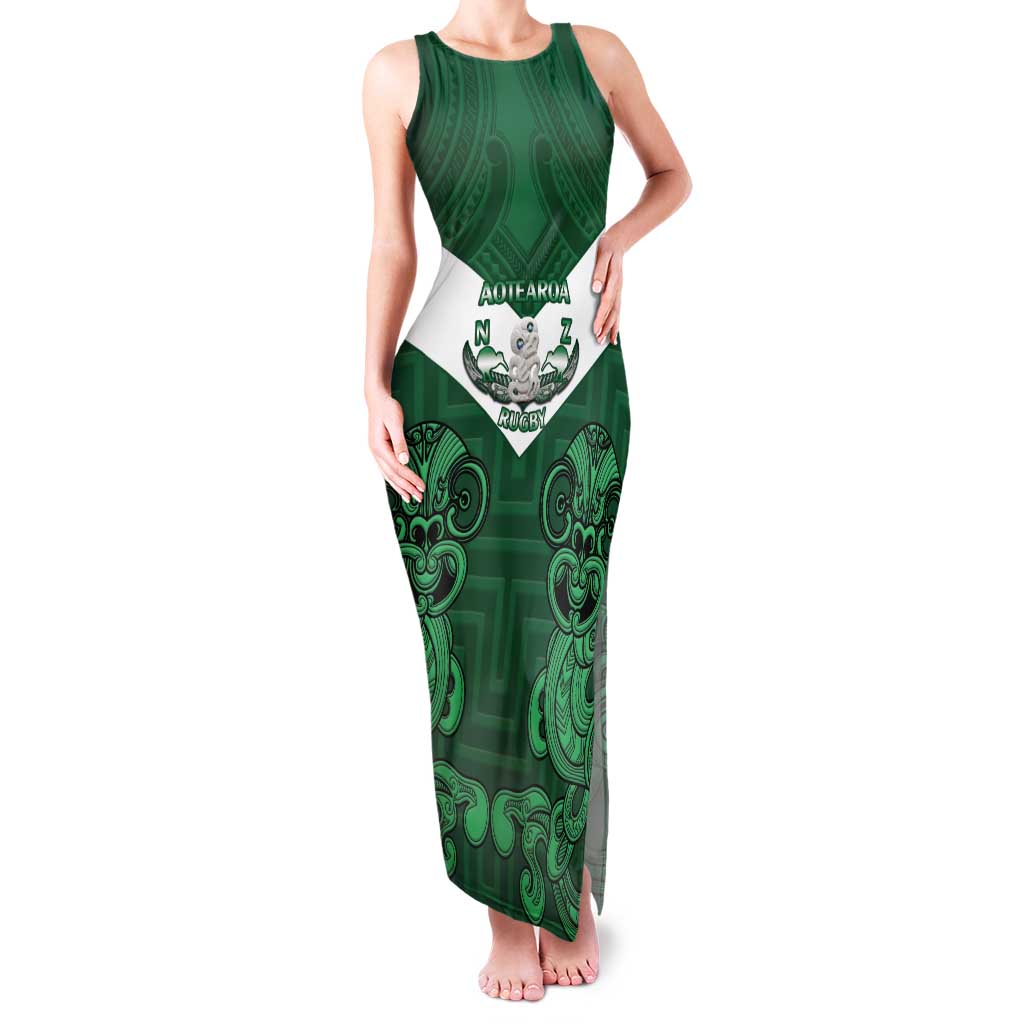 Custom Aotearoa Rugby Family Matching Tank Maxi Dress and Hawaiian Shirt New Zealand Maori Kete Poutama Pattern LT14 Mom's Dress Green - Polynesian Pride