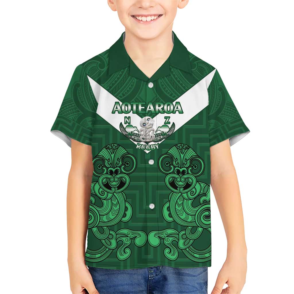 Custom Aotearoa Rugby Kid Hawaiian Shirt New Zealand Maori Kete Poutama Pattern