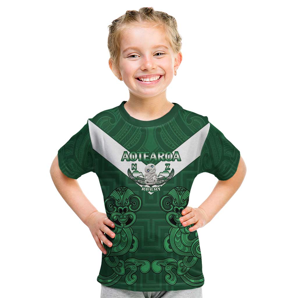 Custom Aotearoa Rugby Kid T Shirt New Zealand Maori Kete Poutama Pattern