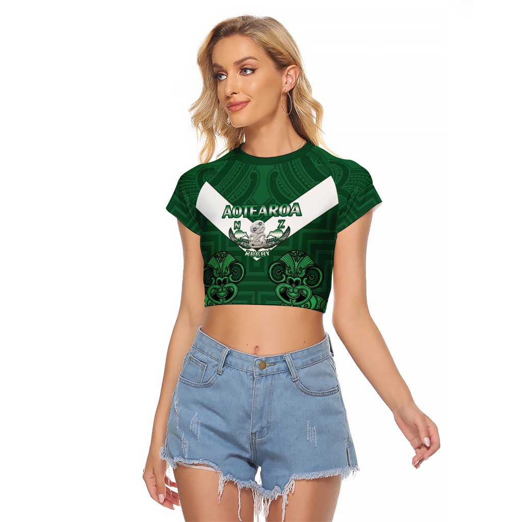 Custom Aotearoa Rugby Raglan Cropped T Shirt New Zealand Maori Kete Poutama Pattern LT14 Female Green - Polynesian Pride