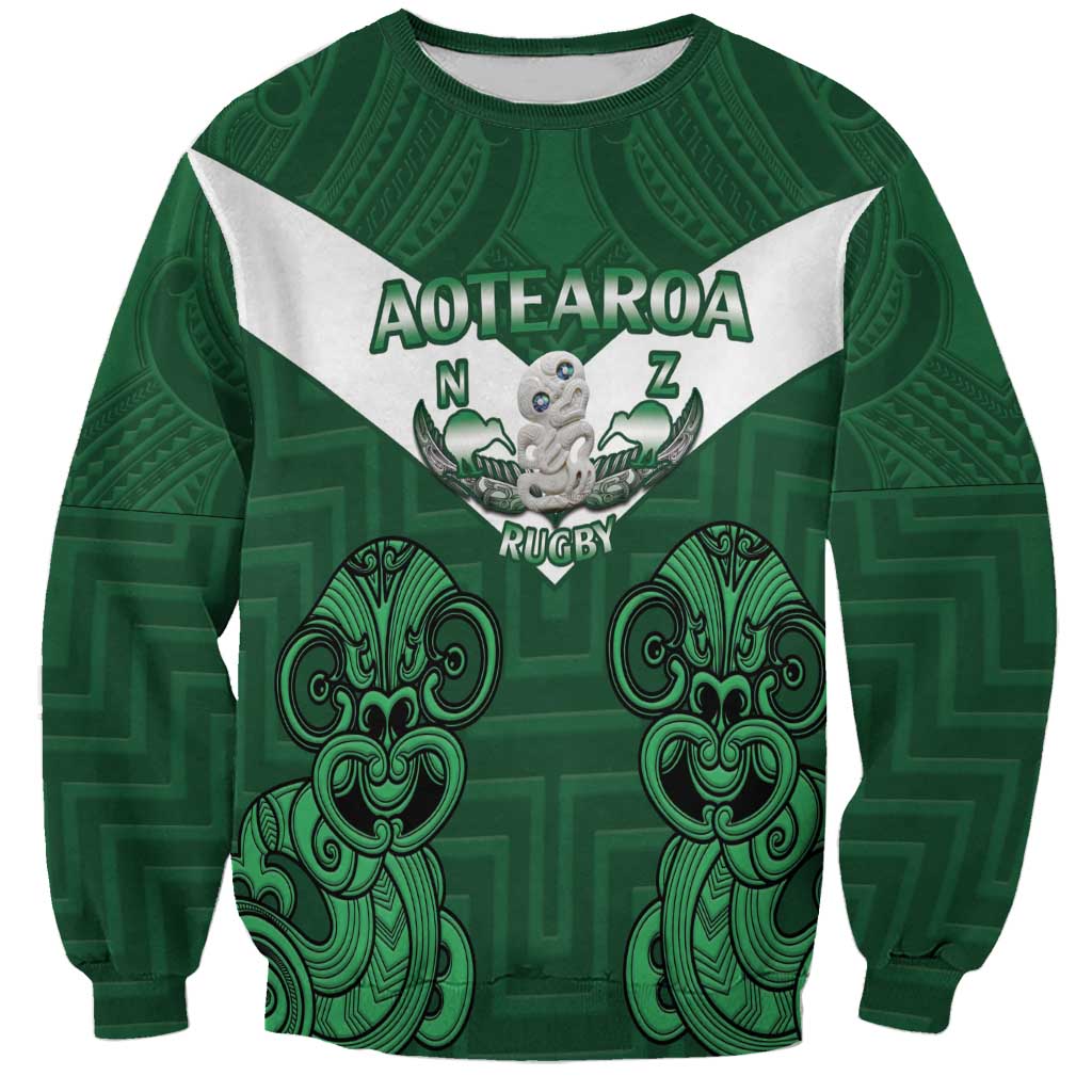 Custom Aotearoa Rugby Sweatshirt New Zealand Maori Kete Poutama Pattern LT14 Unisex Green - Polynesian Pride