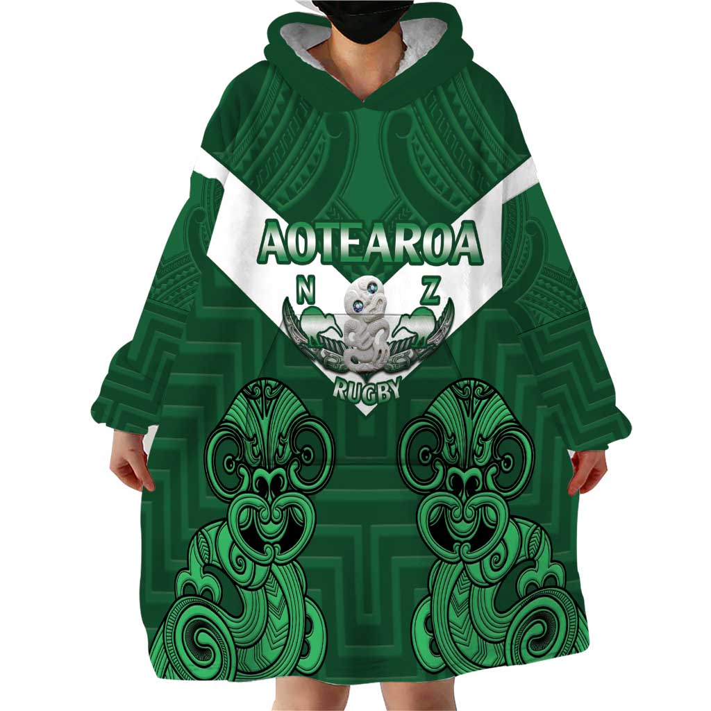 Custom Aotearoa Rugby Wearable Blanket Hoodie New Zealand Maori Kete Poutama Pattern LT14 - Polynesian Pride