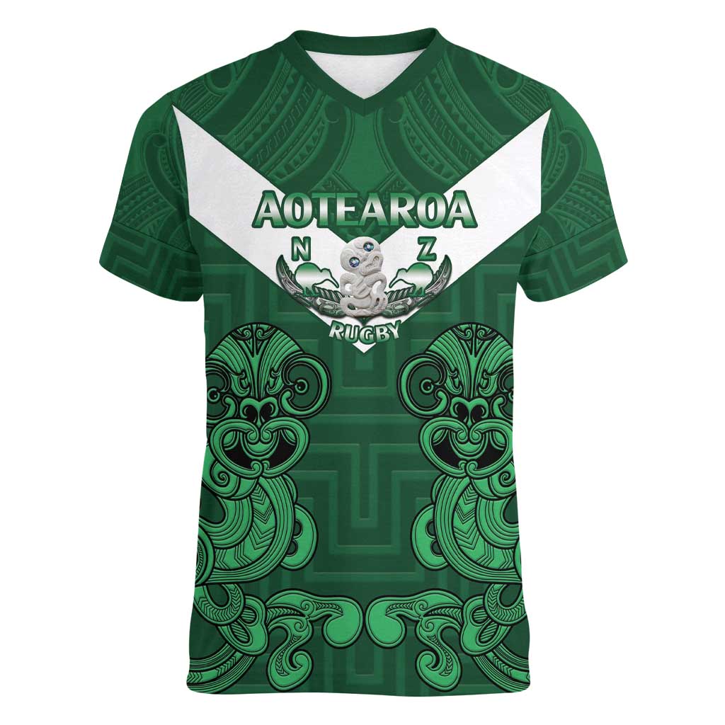 Custom Aotearoa Rugby Women V-Neck T-Shirt New Zealand Maori Kete Poutama Pattern LT14 Female Green - Polynesian Pride