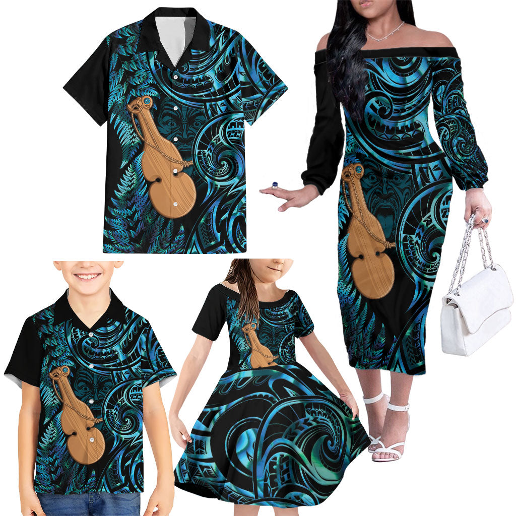 Kotiate New Zealand Family Matching Off The Shoulder Long Sleeve Dress and Hawaiian Shirt Maori Weapon Paua Shell Haka Fern LT14 - Polynesian Pride