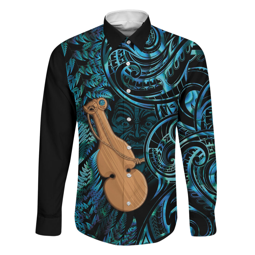 Kotiate New Zealand Family Matching Off Shoulder Maxi Dress and Hawaiian Shirt Maori Weapon Paua Shell Haka Fern LT14 Dad's Shirt - Long Sleeve Turquoise - Polynesian Pride