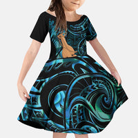 Kotiate New Zealand Family Matching Puletasi and Hawaiian Shirt Maori Weapon Paua Shell Haka Fern LT14 Daughter's Dress Turquoise - Polynesian Pride