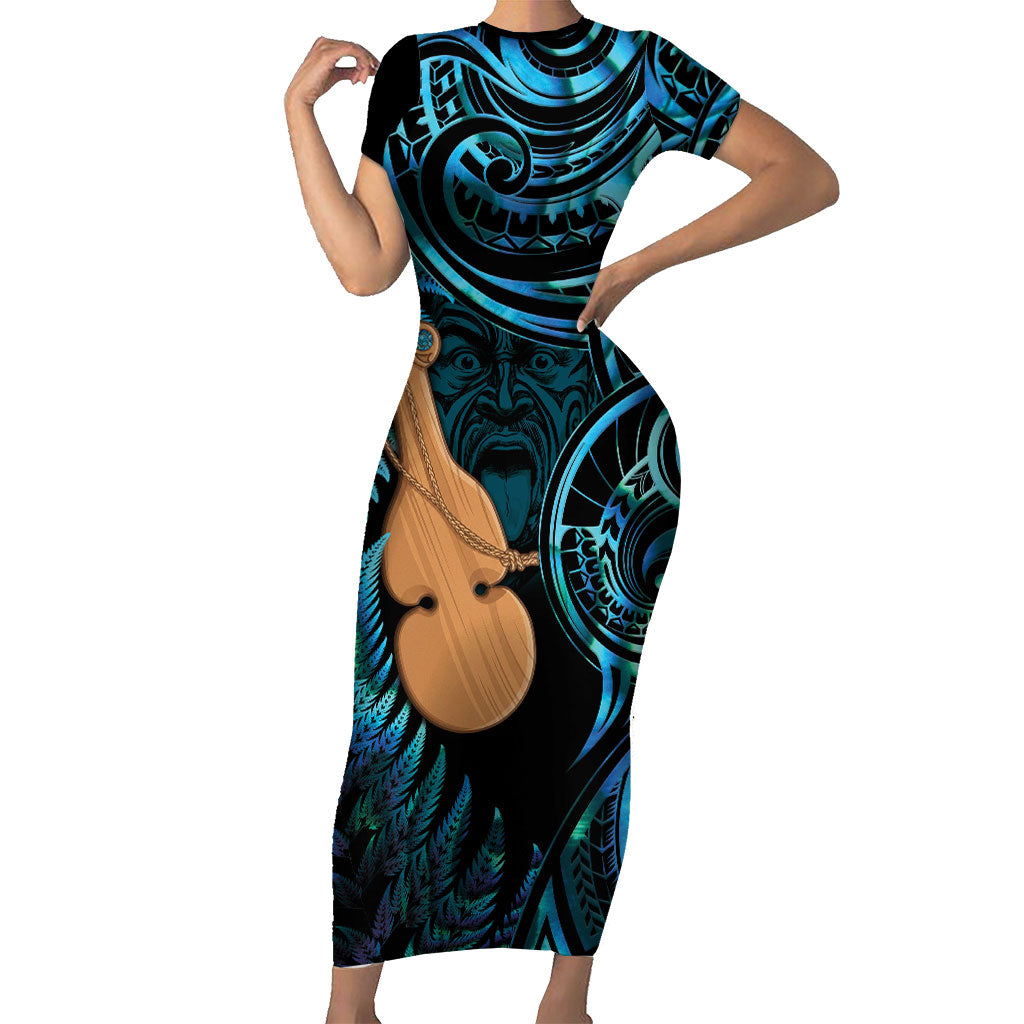 Kotiate New Zealand Family Matching Short Sleeve Bodycon Dress and Hawaiian Shirt Maori Weapon Paua Shell Haka Fern LT14 Mom's Dress Turquoise - Polynesian Pride