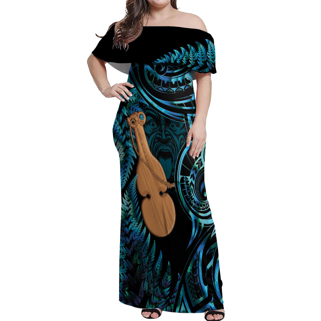 Kotiate New Zealand Off Shoulder Maxi Dress Maori Weapon Paua Shell Haka Fern