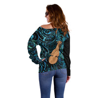 Kotiate New Zealand Off Shoulder Sweater Maori Weapon Paua Shell Haka Fern