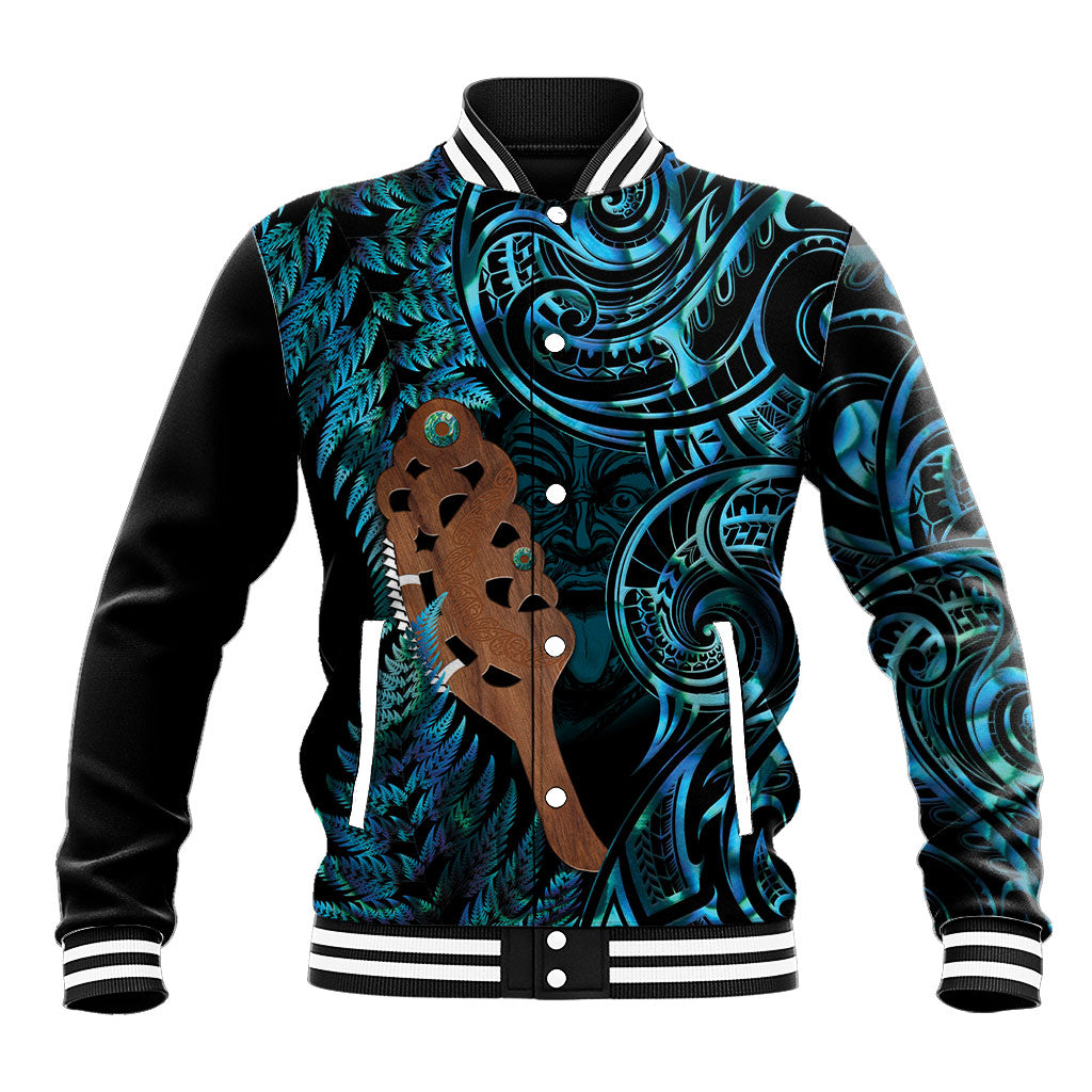 Maripi New Zealand Baseball Jacket Maori Weapon Paua Shell Haka Fern LT14 Unisex Turquoise - Polynesian Pride