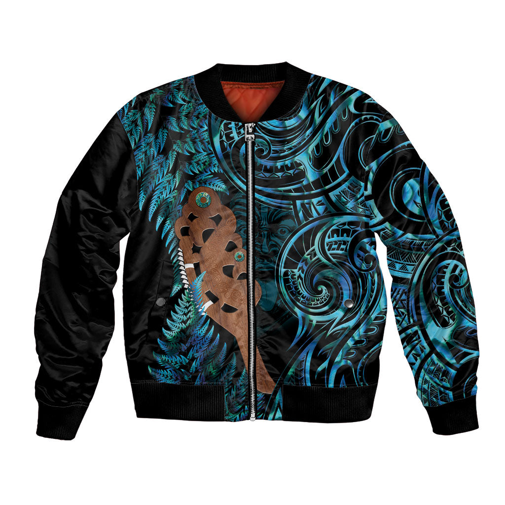Maripi New Zealand Bomber Jacket Maori Weapon Paua Shell Haka Fern LT14 Unisex Turquoise - Polynesian Pride