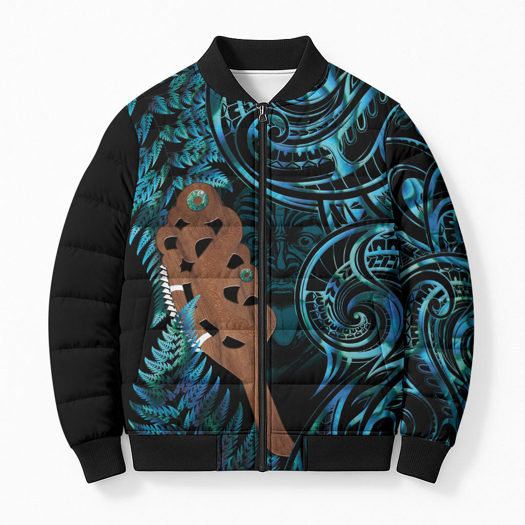 Maripi New Zealand Bomber Puffer Jacket Maori Weapon Paua Shell Haka Fern