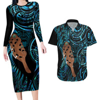 Maripi New Zealand Couples Matching Long Sleeve Bodycon Dress and Hawaiian Shirt Maori Weapon Paua Shell Haka Fern LT14 Turquoise - Polynesian Pride