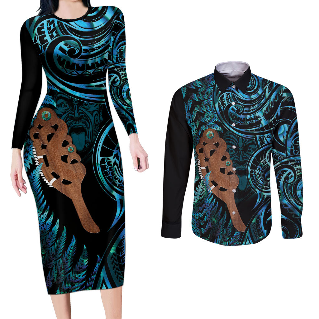Maripi New Zealand Couples Matching Long Sleeve Bodycon Dress and Long Sleeve Button Shirt Maori Weapon Paua Shell Haka Fern LT14 Turquoise - Polynesian Pride