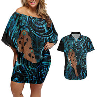 Maripi New Zealand Couples Matching Off Shoulder Short Dress and Hawaiian Shirt Maori Weapon Paua Shell Haka Fern LT14 Turquoise - Polynesian Pride