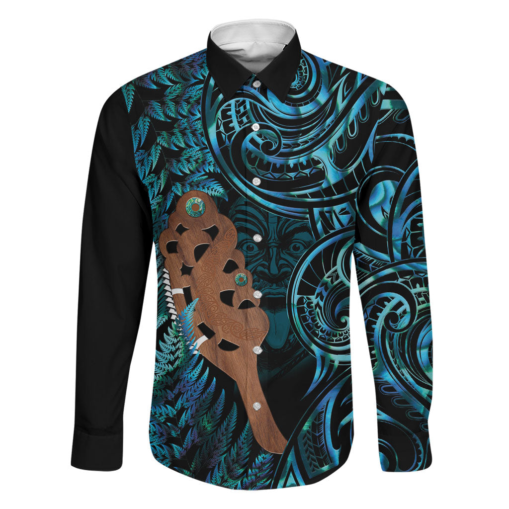 Maripi New Zealand Family Matching Off The Shoulder Long Sleeve Dress and Hawaiian Shirt Maori Weapon Paua Shell Haka Fern LT14 Dad's Shirt - Long Sleeve Turquoise - Polynesian Pride