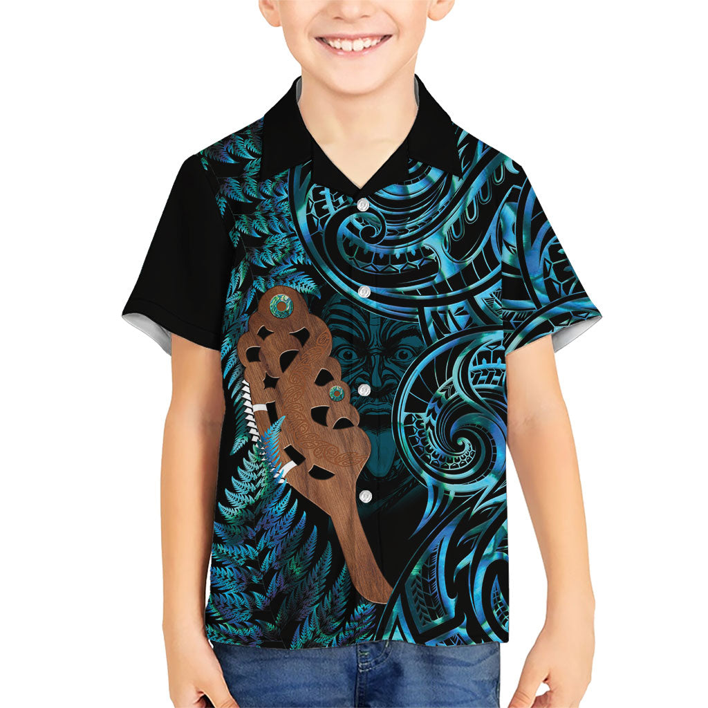 Maripi New Zealand Family Matching Off Shoulder Maxi Dress and Hawaiian Shirt Maori Weapon Paua Shell Haka Fern LT14 Son's Shirt Turquoise - Polynesian Pride