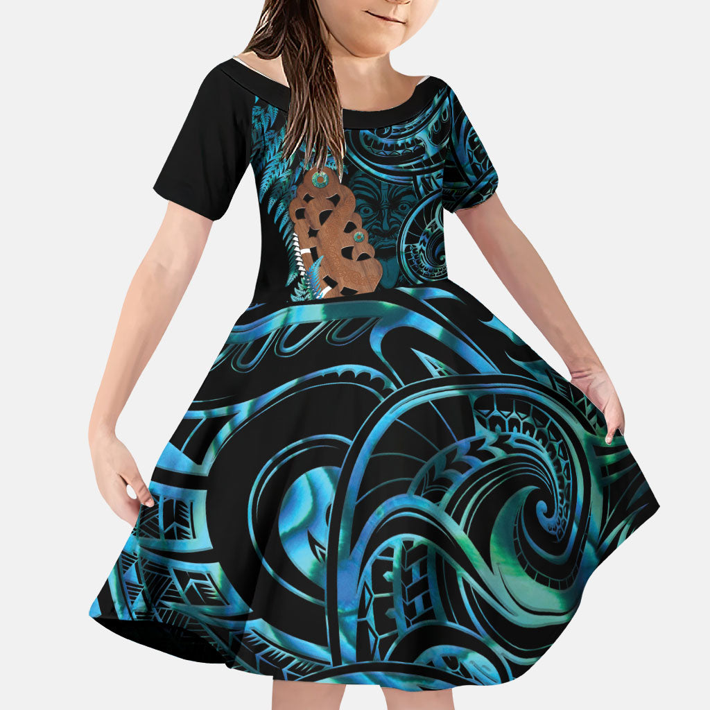 Maripi New Zealand Family Matching Puletasi and Hawaiian Shirt Maori Weapon Paua Shell Haka Fern LT14 Daughter's Dress Turquoise - Polynesian Pride