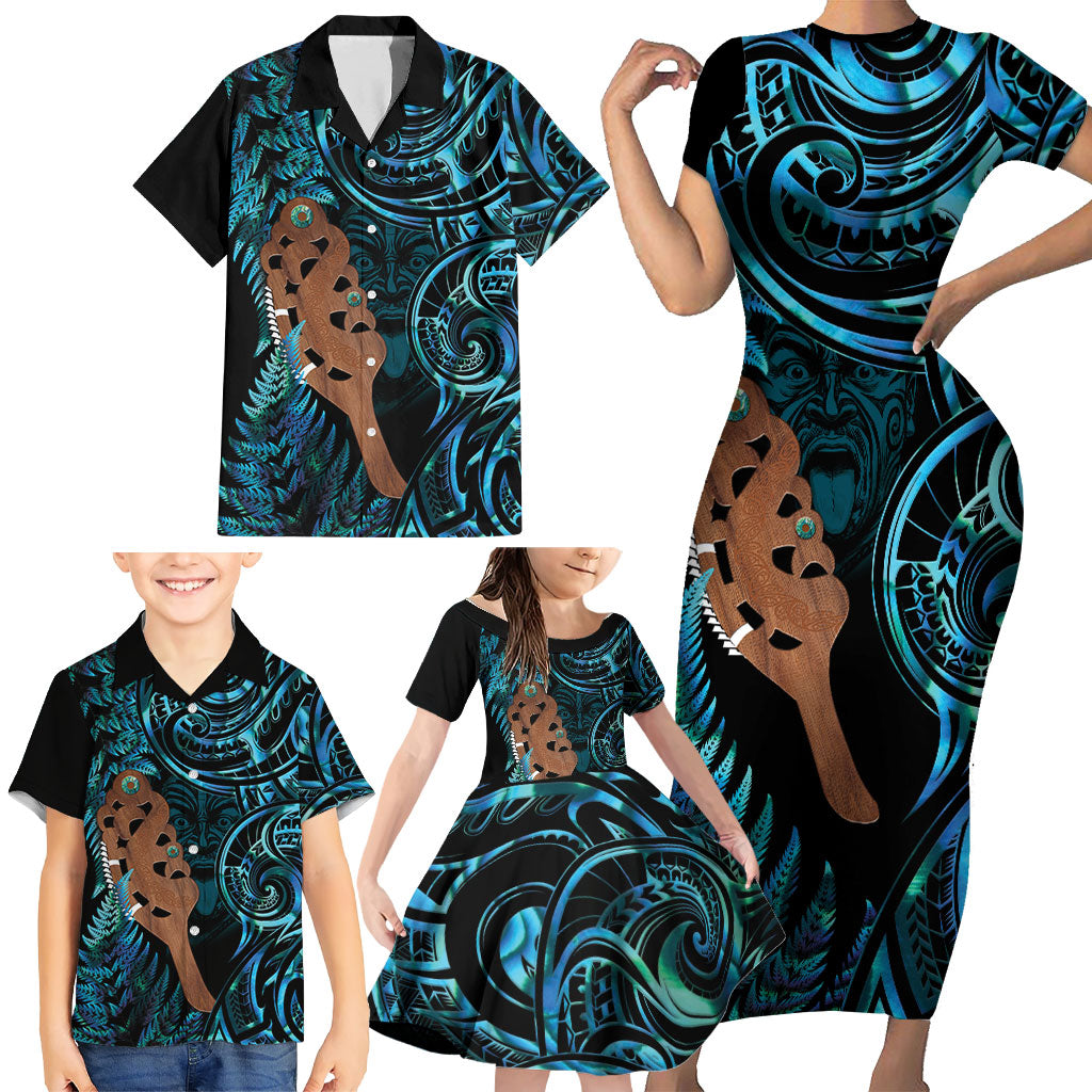 Maripi New Zealand Family Matching Short Sleeve Bodycon Dress and Hawaiian Shirt Maori Weapon Paua Shell Haka Fern LT14 - Polynesian Pride