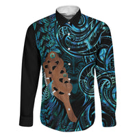 Maripi New Zealand Family Matching Summer Maxi Dress and Hawaiian Shirt Maori Weapon Paua Shell Haka Fern LT14 Dad's Shirt - Long Sleeve Turquoise - Polynesian Pride