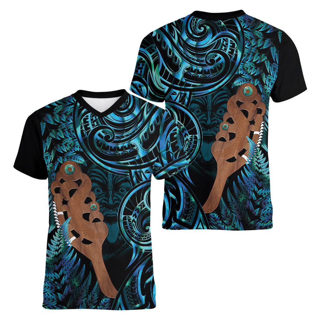 Maripi New Zealand Women V-Neck T-Shirt Maori Weapon Paua Shell Haka Fern LT14 - Polynesian Pride