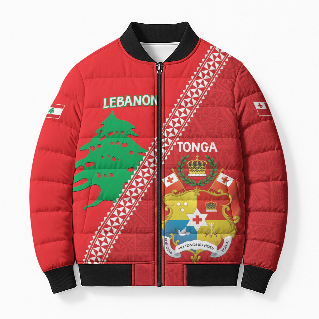 Tonga And Lebanon Bomber Puffer Jacket 2026 Together Half Style LT14 Unisex Red - Polynesian Pride