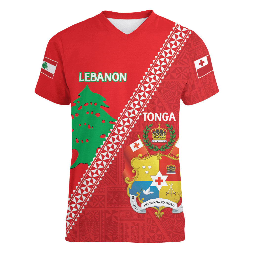 Tonga And Lebanon Women V-Neck T-Shirt 2026 Together Half Style