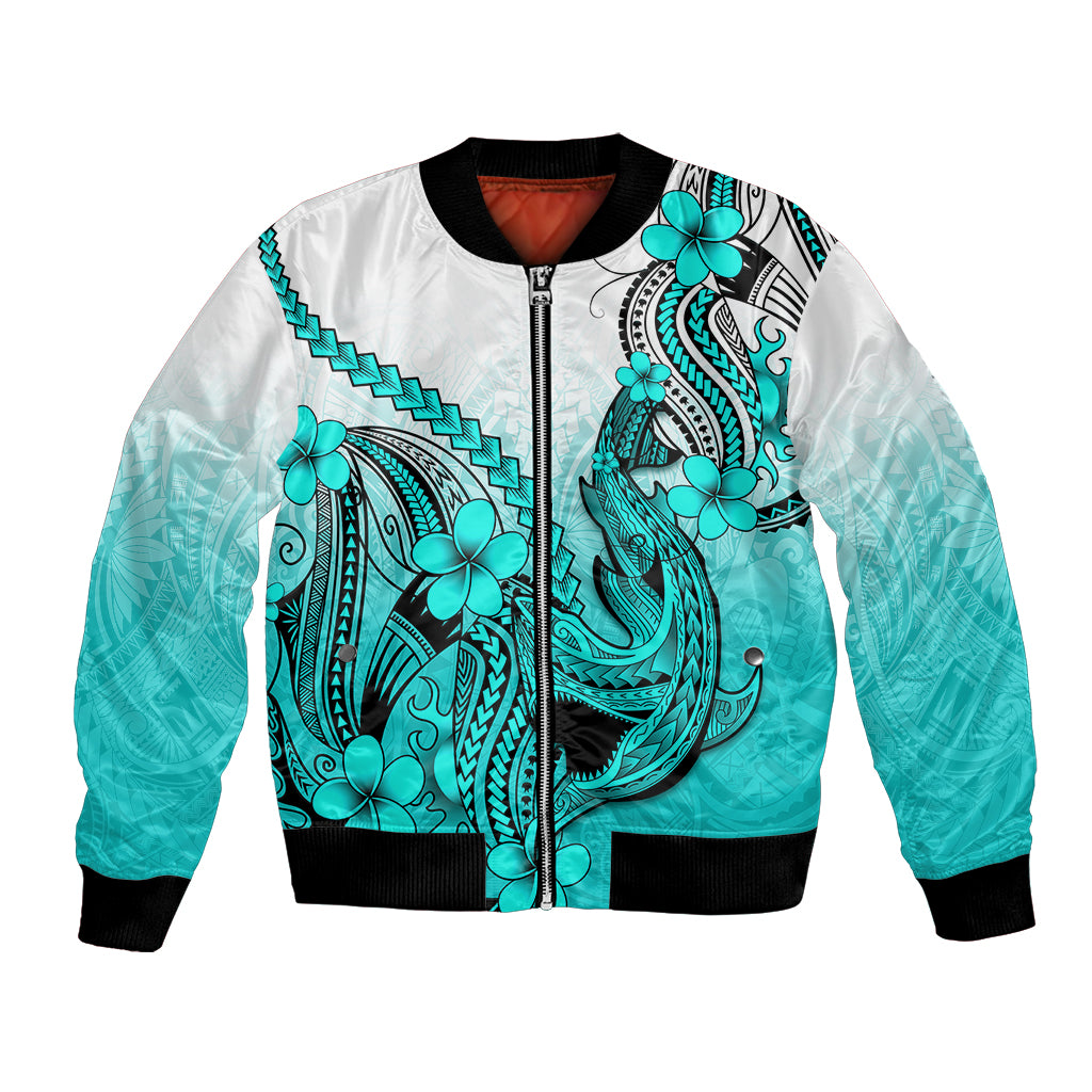 Hawaii Bomber Jacket Polynesian Shark Tattoo With Plumeria Turquoise Gradient LT14 Unisex Turquoise - Polynesian Pride