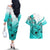 Hawaii Couples Matching Off The Shoulder Long Sleeve Dress and Hawaiian Shirt Polynesian Shark Tattoo With Plumeria Turquoise Gradient LT14 - Polynesian Pride