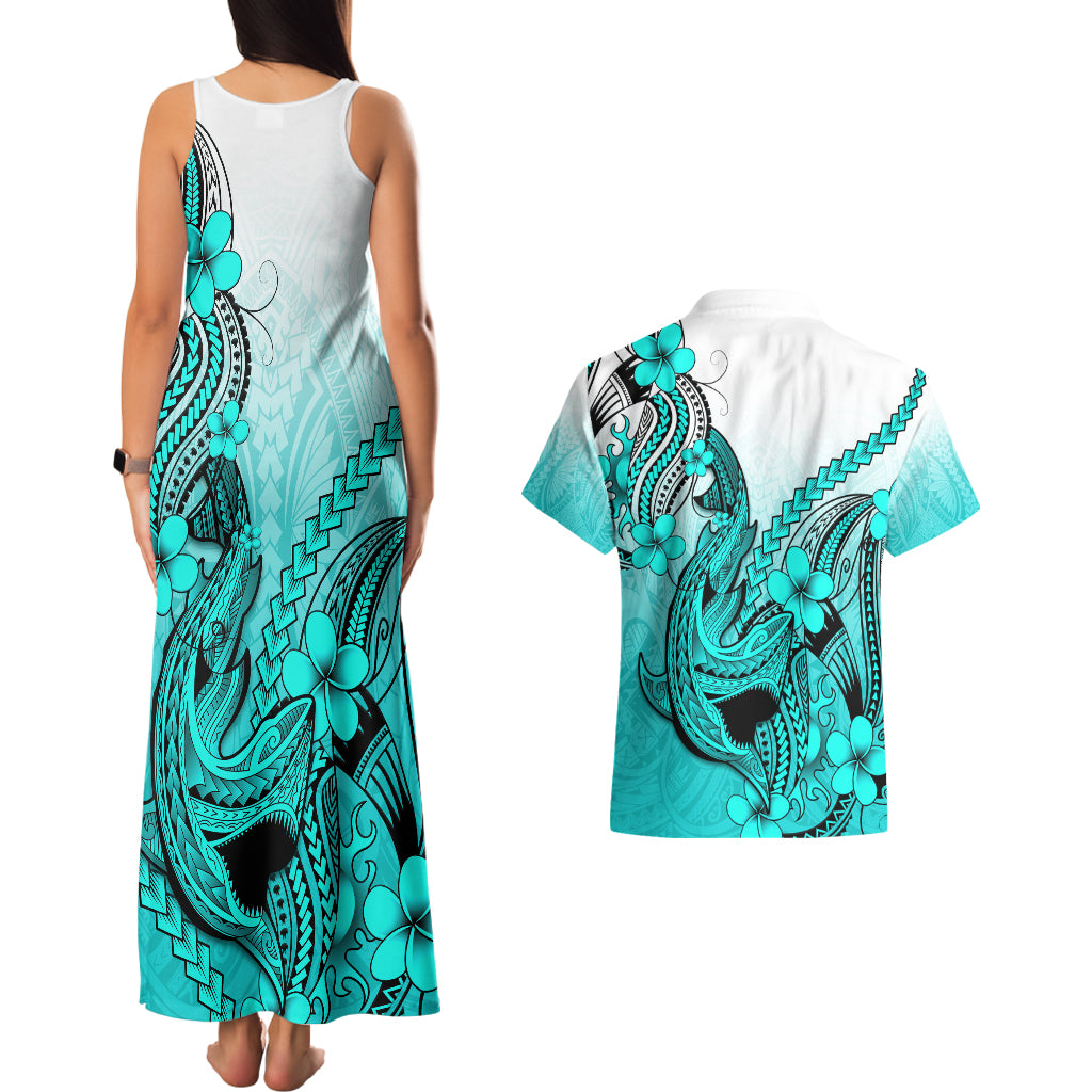 Hawaii Couples Matching Tank Maxi Dress And Hawaiian Shirt Polynesian Shark Tattoo With Plumeria Turquoise Gradient LT14 - Polynesian Pride