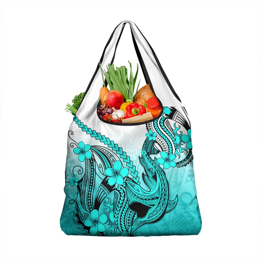 Turquoise Gradient Hawaii Grocery Bag Polynesian Shark Tattoo With Plumeria LT14 1-pack One Size Turquoise - Polynesian Pride