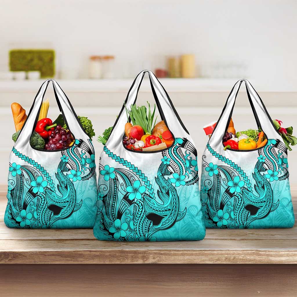 Turquoise Gradient Hawaii Grocery Bag Polynesian Shark Tattoo With Plumeria LT14 3-pack One Size Turquoise - Polynesian Pride