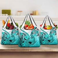 Turquoise Gradient Hawaii Grocery Bag Polynesian Shark Tattoo With Plumeria LT14 3-pack One Size Turquoise - Polynesian Pride