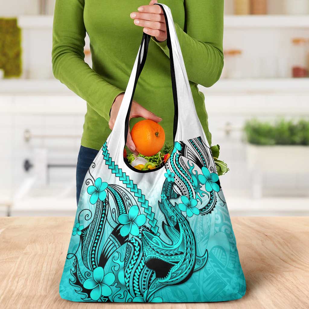 Turquoise Gradient Hawaii Grocery Bag Polynesian Shark Tattoo With Plumeria LT14 - Polynesian Pride