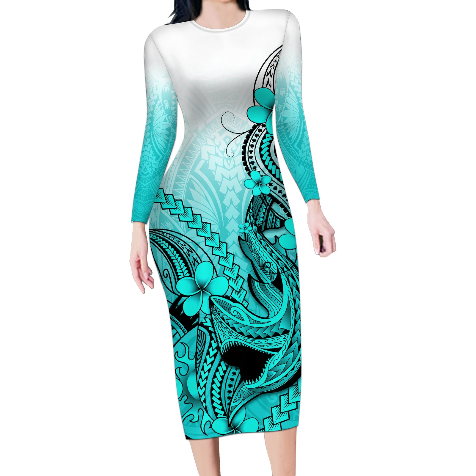 Hawaii Long Sleeve Bodycon Dress Polynesian Shark Tattoo With Plumeria Turquoise Gradient LT14 Long Dress Turquoise - Polynesian Pride