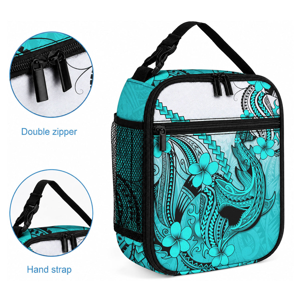 Hawaii Lunch Bag Polynesian Shark Tattoo With Plumeria Turquoise Gradient LT14 - Polynesian Pride