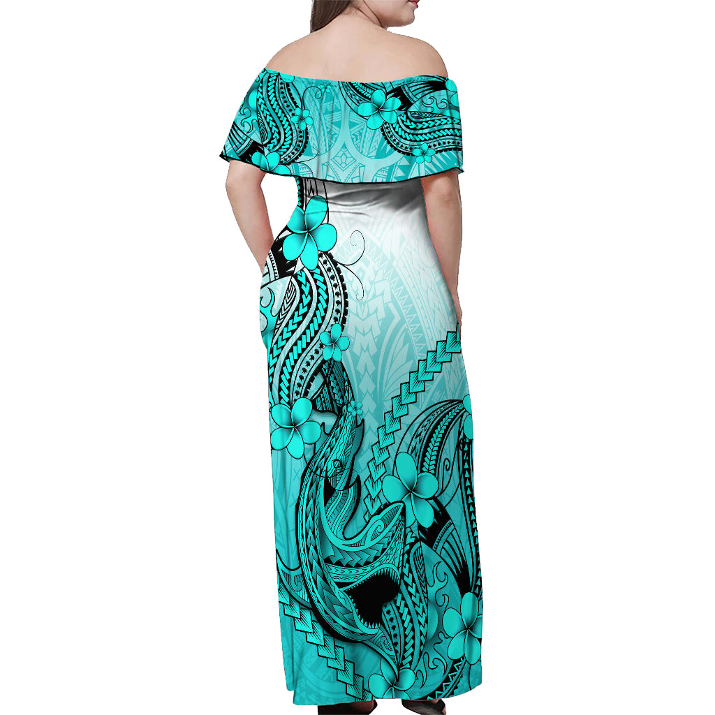 Hawaii Off Shoulder Maxi Dress Polynesian Shark Tattoo With Plumeria Turquoise Gradient LT14 - Polynesian Pride