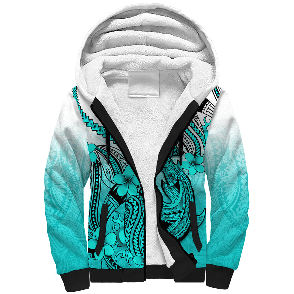 Hawaii Sherpa Hoodie Polynesian Shark Tattoo With Plumeria Turquoise Gradient LT14 Unisex Turquoise - Polynesian Pride