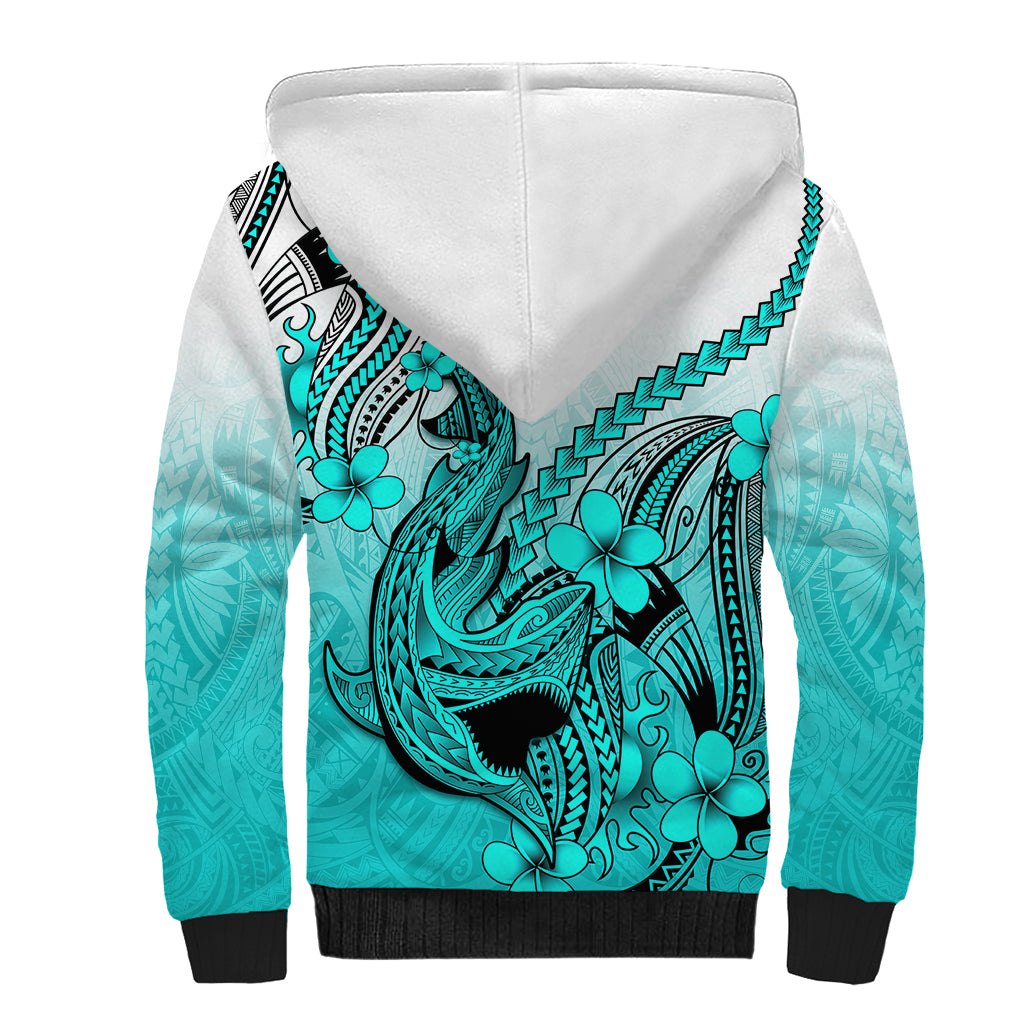 Hawaii Sherpa Hoodie Polynesian Shark Tattoo With Plumeria Turquoise Gradient LT14 - Polynesian Pride
