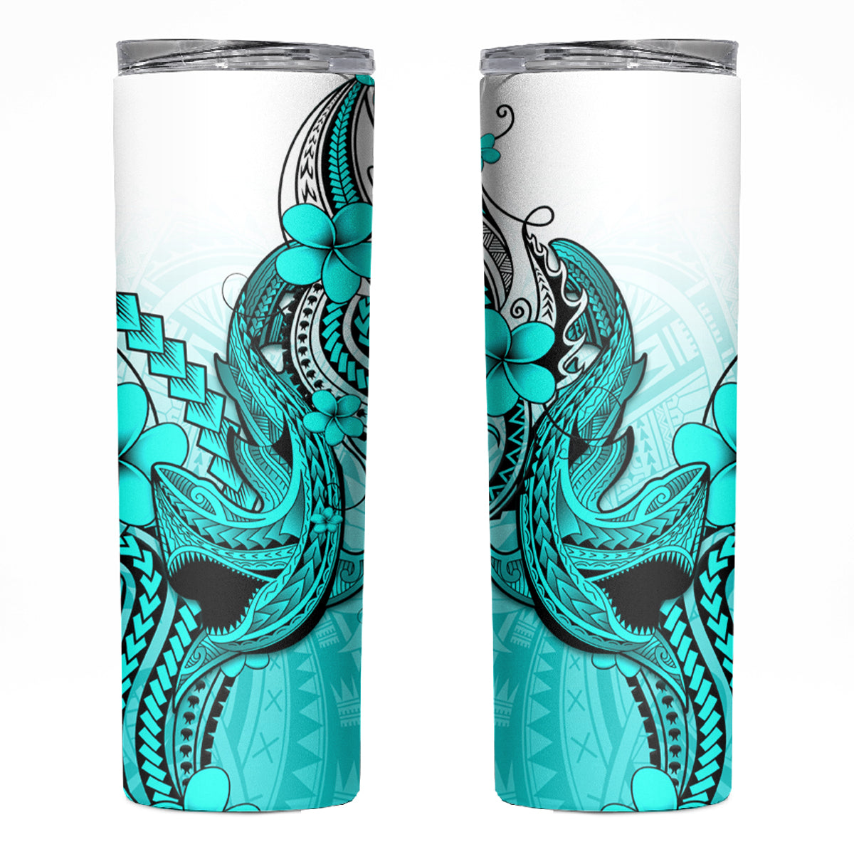 Hawaii Skinny Tumbler Polynesian Shark Tattoo With Plumeria Turquoise Gradient