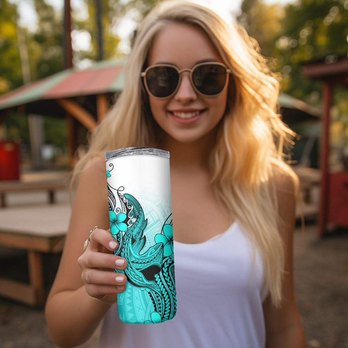 Hawaii Skinny Tumbler Polynesian Shark Tattoo With Plumeria Turquoise Gradient