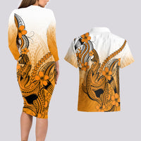 Hawaii Couples Matching Long Sleeve Bodycon Dress and Hawaiian Shirt Polynesian Shark Tattoo With Plumeria Orange Gradient LT14 - Polynesian Pride