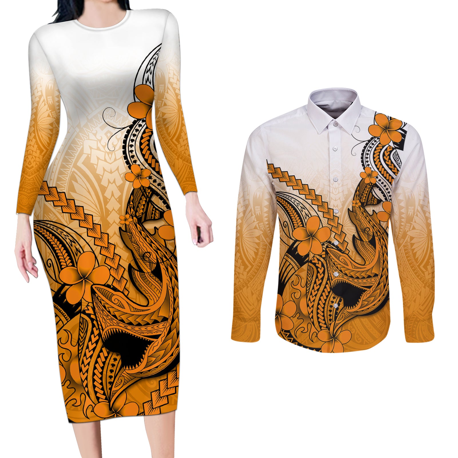 Hawaii Couples Matching Long Sleeve Bodycon Dress and Long Sleeve Button Shirts Polynesian Shark Tattoo With Plumeria Orange Gradient LT14 Orange - Polynesian Pride