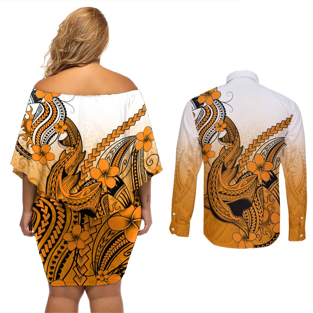 Hawaii Couples Matching Off Shoulder Short Dress and Long Sleeve Button Shirts Polynesian Shark Tattoo With Plumeria Orange Gradient LT14 - Polynesian Pride