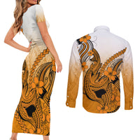 Hawaii Couples Matching Short Sleeve Bodycon Dress and Long Sleeve Button Shirts Polynesian Shark Tattoo With Plumeria Orange Gradient LT14 - Polynesian Pride