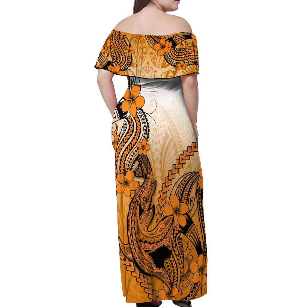 Hawaii Off Shoulder Maxi Dress Polynesian Shark Tattoo With Plumeria Orange Gradient LT14 - Polynesian Pride