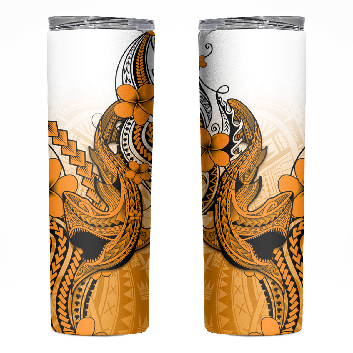 Hawaii Skinny Tumbler Polynesian Shark Tattoo With Plumeria Orange Gradient