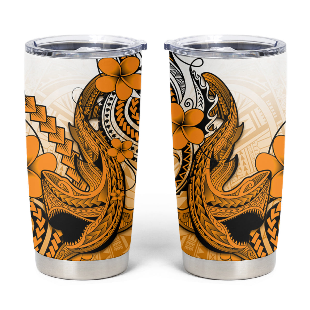 Hawaii Tumbler Cup Polynesian Shark Tattoo With Plumeria Orange Gradient